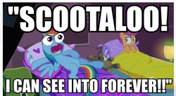 Size: 879x481 | Tagged: safe, edit, edited screencap, screencap, rainbow dash, scootaloo, g4, my little pony: friendship is magic, sleepless in ponyville, image macro, special eyes