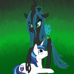 Size: 800x800 | Tagged: dead source, safe, artist:pvt-llama, queen chrysalis, shining armor, changeling, changeling queen, pony, unicorn, g4, duo, female, male, ship:shining chrysalis, shipping, straight