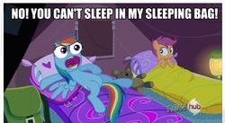 Size: 879x481 | Tagged: safe, edit, edited screencap, screencap, rainbow dash, scootaloo, g4, my little pony: friendship is magic, sleepless in ponyville, image macro, special eyes