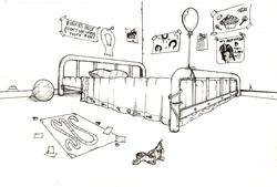 Size: 826x560 | Tagged: safe, artist:dreamingnoctis, pinkie pie, g4, asylum, balloon, bed, bedroom, fanfic art, scenery