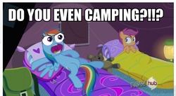 Size: 879x481 | Tagged: safe, edit, edited screencap, screencap, rainbow dash, scootaloo, g4, my little pony: friendship is magic, sleepless in ponyville, do you even lift, image macro, special eyes