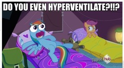 Size: 879x481 | Tagged: safe, edit, edited screencap, screencap, rainbow dash, scootaloo, g4, sleepless in ponyville, do you even lift, image macro, special eyes