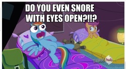 Size: 879x481 | Tagged: safe, edit, edited screencap, screencap, rainbow dash, scootaloo, g4, sleepless in ponyville, do you even lift, image macro, special eyes