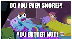 Size: 879x481 | Tagged: safe, edit, edited screencap, screencap, rainbow dash, scootaloo, g4, my little pony: friendship is magic, sleepless in ponyville, image macro, special eyes