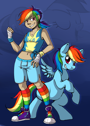 Size: 885x1240 | Tagged: safe, artist:collaredginger, rainbow dash, human, g4, belly button, clothes, converse, female, hand wraps, human ponidox, humanized, midriff, rainbow socks, shoes, socks, solo, striped socks
