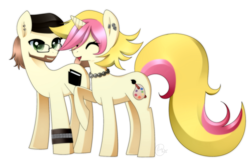 Size: 2125x1413 | Tagged: safe, artist:haydee, oc, oc only, oc:peach palette, oc:sifi, earth pony, pony, unicorn, couple, earring, female, flat cap, hat, male, mare, necklace, simple background, stallion, transparent, transparent background