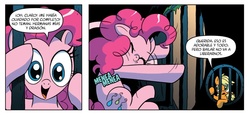 Size: 993x465 | Tagged: safe, idw, official comic, applejack, pinkie pie, g4, spoiler:comic, dungeon, spanish, translation