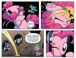 Size: 998x764 | Tagged: safe, idw, official comic, applejack, pinkie pie, spike, twilight sparkle, dragon, pony, g4, spoiler:comic, comic, dungeon, female, key, male, mare, spanish, translation