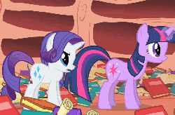 Size: 808x530 | Tagged: safe, screencap, rarity, twilight sparkle, pony, unicorn, g4, sonic rainboom (episode), animated, annoyed, book, context is for the weak, cropped, duo, female, golden oaks library, horn, horn poke, literal butthurt, out of context, pain, poking, unicorn twilight