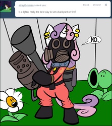 Size: 2400x2700 | Tagged: safe, artist:pembroke, sweetie belle, pony, bipedal, flamethrower, marigold, meanie belle, peashooter, plants vs zombies, pyro, pyro belle, team fortress 2, tumblr, weapon
