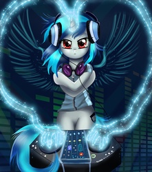 Size: 4609x5214 | Tagged: safe, artist:pridark, dj pon-3, vinyl scratch, g4, absurd resolution, female, glasses, headphones, magic, magic hands, solo, turntable