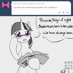 Size: 1000x1000 | Tagged: safe, artist:graphic-lee, twilight sparkle, alicorn, pony, unicorn, g4, ask, askninjatwilight, book, female, glasses, grayscale, haiku, japanese, mare, monochrome, ninja, partial color, question, simple background, solo, tumblr, twilight sparkle (alicorn), white background