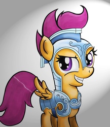 Size: 2000x2300 | Tagged: safe, artist:scooterloo, scootaloo, pegasus, pony, g4, armor, crystal guard armor, female, filly, smiling, solo