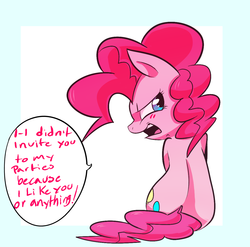 Size: 1157x1144 | Tagged: safe, anonymous artist, pinkie pie, earth pony, pony, g4, back, blatant lies, blushing, cute, dialogue, diapinkes, female, open mouth, sitting, solo, speech bubble, tsundere, tsundere pie