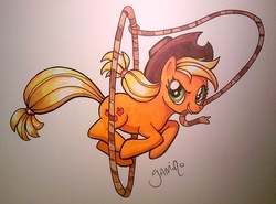 Size: 974x720 | Tagged: safe, artist:yamino, applejack, g4, female, lasso, looking at you, mouth hold, photo, solo, traditional art