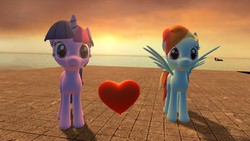 Size: 1366x768 | Tagged: safe, rainbow dash, twilight sparkle, g4, 3d, balloon, female, gmod, heart, lesbian, ship:twidash, shipping