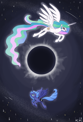 Size: 1280x1885 | Tagged: safe, artist:king-kakapo, princess celestia, princess luna, alicorn, pony, g4, cute, eclipse, flying, happy, missing accessory, open mouth, s1 luna, smiling, solar eclipse, spread wings