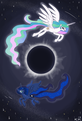 Size: 1280x1885 | Tagged: safe, artist:king-kakapo, princess celestia, princess luna, alicorn, pony, g4, contrast, cute, eclipse, flying, happy, missing accessory, open mouth, smiling, solar eclipse, spread wings