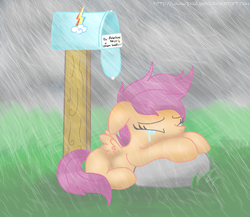 Size: 1882x1630 | Tagged: safe, artist:louderspeakers, scootaloo, g4, crying, female, implied rainbow dash, mailbox, rain, sad, scootasad, solo