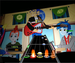 Size: 683x570 | Tagged: safe, crimson napalm, flash sentry, thunderbass, twilight sparkle, equestria girls, g4, my little pony equestria girls, background human, guitar, guitar hero, helping twilight win the crown, musical instrument, rhythm game