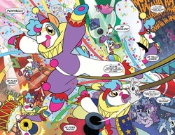 Size: 1168x898 | Tagged: safe, artist:ben bates, idw, pinkie pie, ponyacci, twilight sparkle, earth pony, pony, unicorn, g4, micro-series #5, my little pony micro-series, spoiler:comic, balancing, cannon, drums, musical instrument, pony cannonball, unicorn twilight