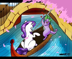 Size: 768x631 | Tagged: safe, artist:opalacorn, rarity, spike, pony, unicorn, g4, boat, duo, female, heart, heart eyes, male, ship:sparity, shipping, straight, wingding eyes