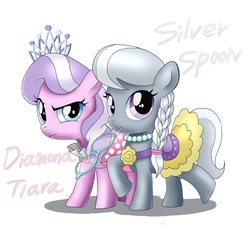 Size: 800x742 | Tagged: safe, artist:orca, diamond tiara, silver spoon, pony, g4, clothes, dress, pixiv