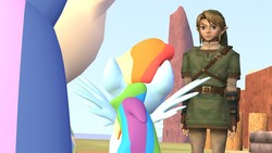 Size: 1366x768 | Tagged: safe, bon bon, rainbow dash, sweetie drops, g4, 3d, derp, gmod, link, the legend of zelda