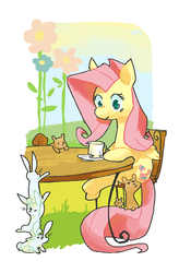 Size: 1024x1558 | Tagged: safe, artist:nifty-senpai, fluttershy, pegasus, pony, rabbit, squirrel, g4, animal, chair, colored pupils, cottagecore, cup, cute, female, flower, mare, shyabetes, sitting, solo, table, teacup