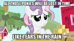 Size: 848x466 | Tagged: safe, sweetie belle, pony, robot, unicorn, g4, apple tree, blade runner, female, filly, foal, hooves, horn, hub logo, hubble, image macro, movie reference, philosobelle, roy batty, solo, sweet apple acres, sweetie bot, tears in rain, teeth, text, the hub, tree