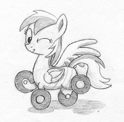 Size: 948x934 | Tagged: safe, artist:php87, oc, oc only, oc:wheely bopper, original species, wheelpone, grayscale, looking at you, monochrome, one eye closed, pose, sketch, smiling, solo, traditional art, wink