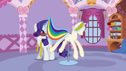 Size: 800x450 | Tagged: safe, screencap, rarity, pony, unicorn, g4, season 1, suited for success, art of the dress, clothes, dress, female, glasses, mannequin, measuring tape, rarity's glasses, solo