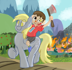 Size: 1256x1218 | Tagged: safe, artist:hamflo, derpy hooves, human, pegasus, pony, g4, animal crossing, blood, burning, crossover, destruction, female, implied murder, killager, male, mare, ponyville, riding, super smash bros., this will end in tears, villager, weapon