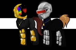 Size: 1280x833 | Tagged: safe, artist:azure-doodle, daft punk, duo, exclamation point, full body, heart, helmet, jewelry, necklace, ponified, rainbow, side view, standing