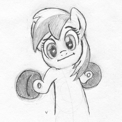 Size: 1000x1000 | Tagged: safe, artist:php87, oc, oc only, oc:wheely bopper, original species, wheelpone, grayscale, looking at you, monochrome, shrug, shrugpony, sketch, smiling, smirk, solo, traditional art, wheel