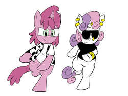 Size: 576x432 | Tagged: safe, artist:pembroke, berry punch, berryshine, sweetie belle, pony, bipedal, meanie belle