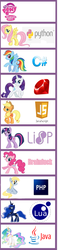 Size: 301x1300 | Tagged: safe, applejack, derpy hooves, fluttershy, princess celestia, princess luna, rainbow dash, rarity, twilight sparkle, alicorn, earth pony, pegasus, pony, unicorn, g4, .net, brainfuck (language), c#, chart, dotnet, female, java (language), javascript, lisp (language), lua, mane six, mare, my little pony logo, php, programming, python (language), ruby (language), unicorn twilight