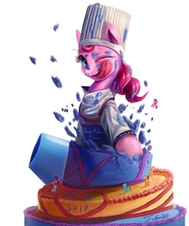 Size: 1200x1435 | Tagged: safe, artist:tsitra360, pinkie pie, g4, cake, chef's hat, doll, female, food, hat, messy, party cannon, popping out of a cake, solo, tongue out