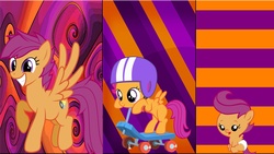 Size: 1920x1080 | Tagged: safe, artist:mr-kennedy92, scootaloo, pegasus, pony, g4, alternate cutie mark, baby, baby pony, baby scootaloo, collage, cutie mark, diaper, filly, foal, helmet, older, older scootaloo, scooter, smiling, vector, wallpaper, younger