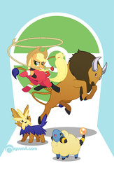 Size: 522x800 | Tagged: safe, artist:alienfirst, applejack, herdier, mareep, tauros, g4, crossover, lasso, pokémon