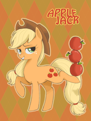 Size: 800x1067 | Tagged: safe, artist:wolhim, applejack, g4, apple, balance, balancing, female, raised leg, solo