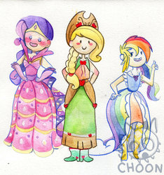 Size: 865x923 | Tagged: safe, artist:psychoon, applejack, rainbow dash, rarity, human, g4, clothes, dress, gala dress, humanized, skinny, thin, watercolor painting