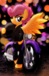 Size: 1800x2782 | Tagged: safe, artist:drawponies, artist:kibbiethegreat, scootaloo, pony, semi-anthro, g4, bedroom eyes, bipedal, clothes, female, helmet, leaning, looking at you, motorcycle, older, smirk, solo, spread wings