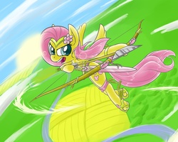 Size: 1500x1200 | Tagged: safe, artist:animeculture, fluttershy, g4, action pose, archery, arrow, bow (weapon), bow and arrow, female, flower in hair, flutterbadass, flying, solo, sword, vertigo, weapon