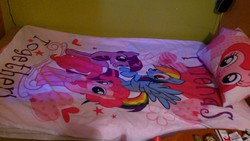 Size: 3264x1836 | Tagged: safe, pinkie pie, rainbow dash, twilight sparkle, g4, ashtray, bedsheets, cigarette, irl, photo, pillow