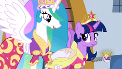 Size: 1254x705 | Tagged: safe, screencap, princess celestia, twilight sparkle, alicorn, pony, g4, magical mystery cure, big crown thingy, celestia's ceremonial crown, clothes, coronation dress, crown, dress, duo, element of magic, female, hub logo, jewelry, mare, raised hoof, raised leg, regalia, tongue out, twilight sparkle (alicorn)