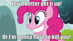 Size: 640x360 | Tagged: safe, edit, edited screencap, screencap, pinkie pie, earth pony, pony, g4, my little pony: friendship is magic, too many pinkie pies, blade runner, female, image macro, impact font, mare, movie reference, pinkie tyrone, roy batty, smiling, solo