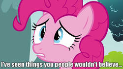 Size: 640x360 | Tagged: safe, edit, edited screencap, screencap, pinkie pie, earth pony, pony, g4, too many pinkie pies, blade runner, female, image macro, impact font, mare, movie reference, pinkie tyrone, roy batty, solo, tears in rain