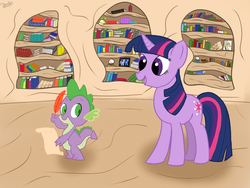 Size: 1600x1200 | Tagged: safe, artist:dragonfoorm, spike, twilight sparkle, g4, duo, golden oaks library