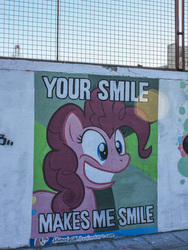 Size: 1080x1440 | Tagged: safe, artist:shinodage, pinkie pie, g4, advice animal, female, graffiti, grin, image macro, my little brony, parody, photo, smiling, solo, street art, wall